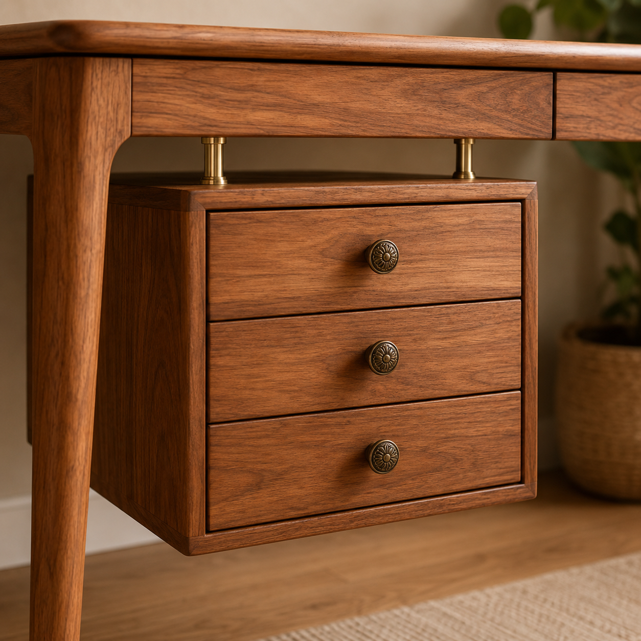 Scandinavian Executive Desk with Floating Drawer Cabinet