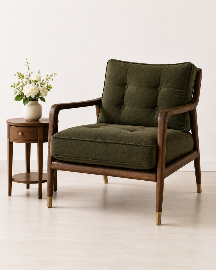 Modern Solid Wood Lounge Chair with Olive Green Upholstery