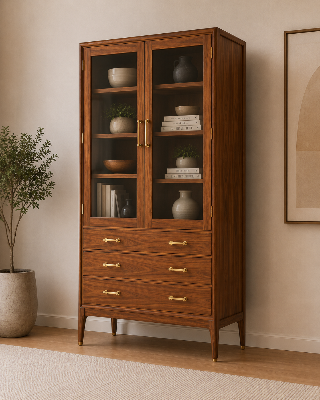 Solid Wood Glass Door Display Cabinet with Drawers