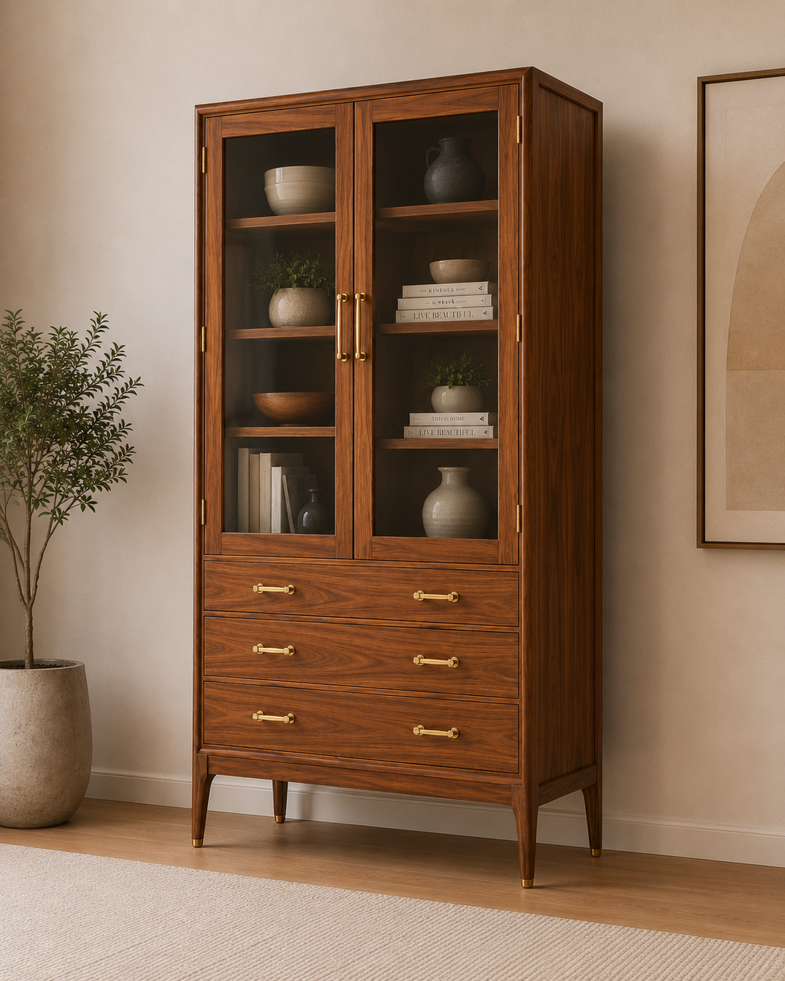 Solid Wood Glass Door Display Cabinet with Drawers