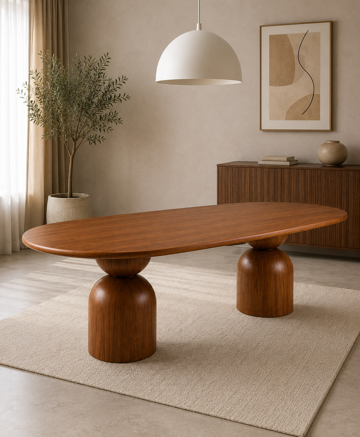 Luxury Round Wood Dining Set with Sculptural Double Pedestal Table