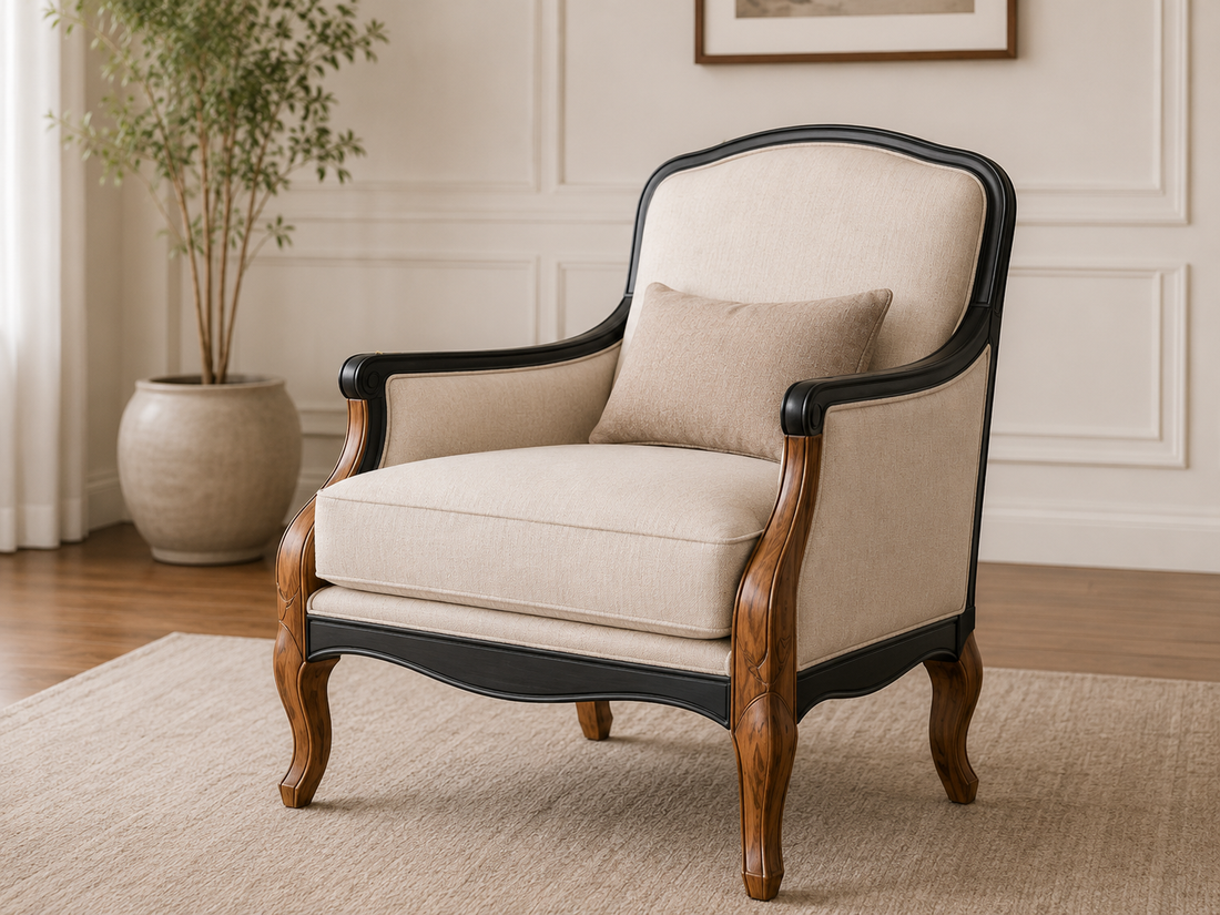 Luxury French Classic Wooden Sofa Set (3+1+1) – Cream Upholstery with Dual-Tone Finish