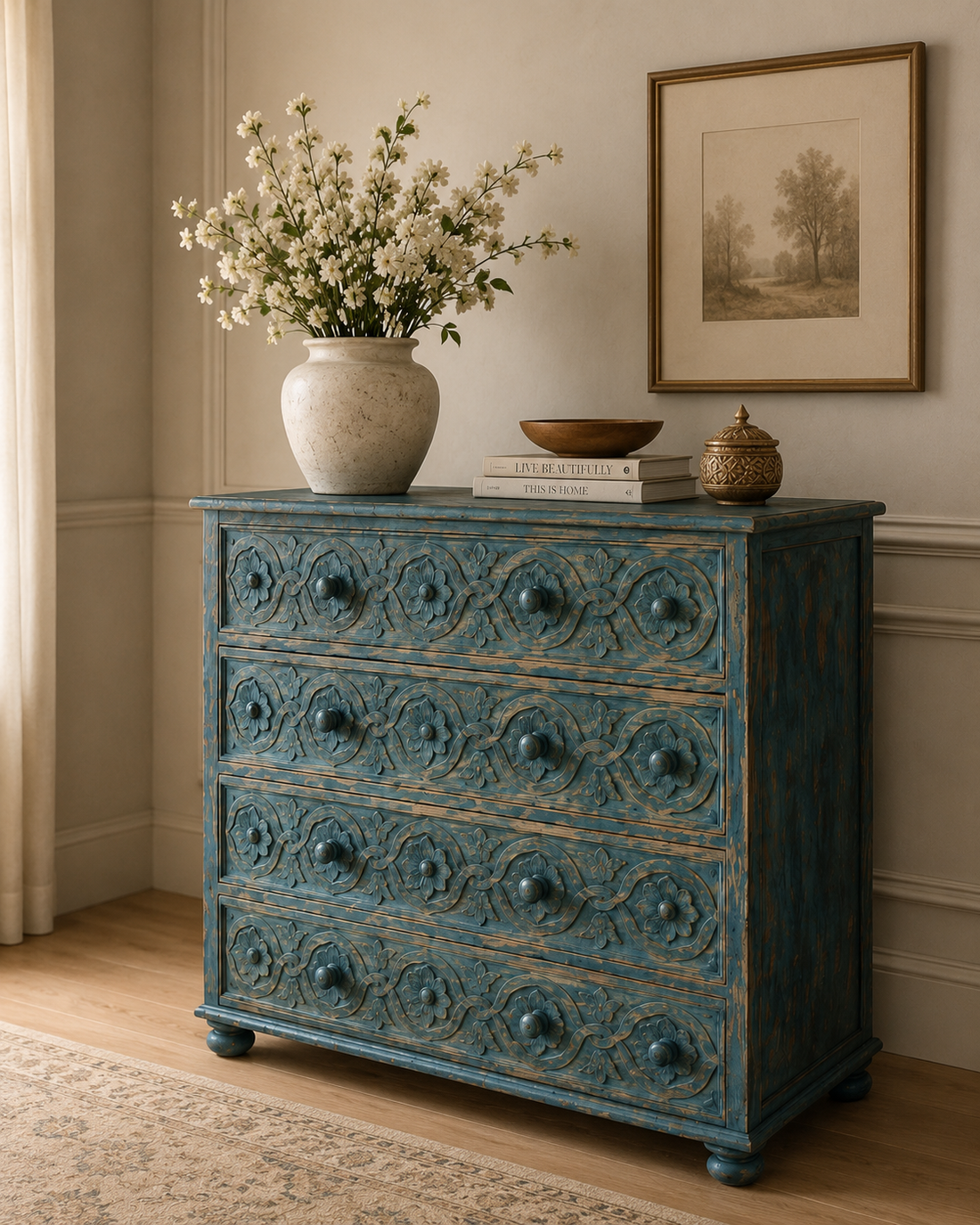 Azure Heritage Hand-Carved Chest of Drawers