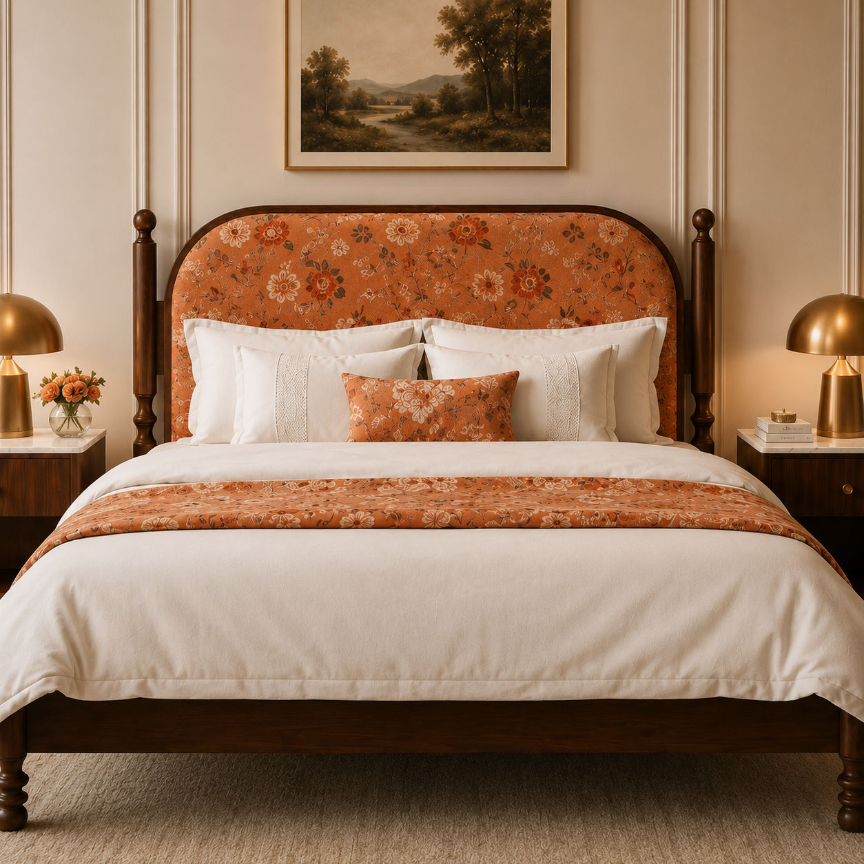 Classic Floral Upholstered Solid Wood Bed