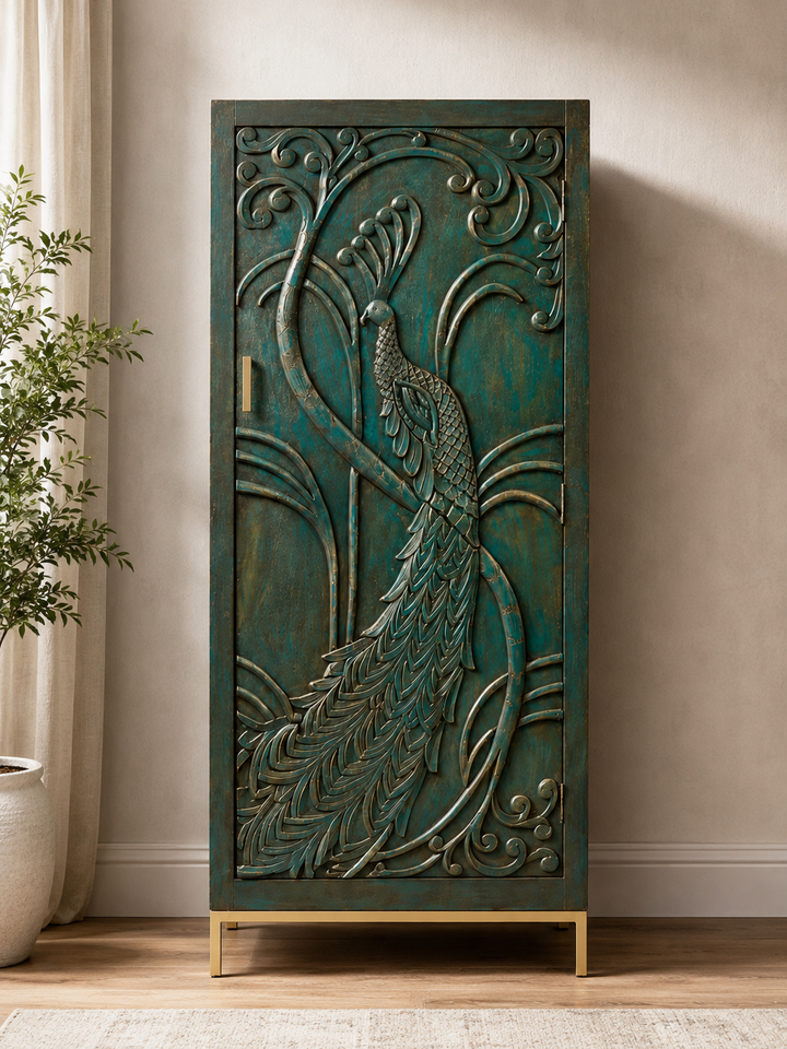 Handcrafted Peacock Carved Accent Cabinet