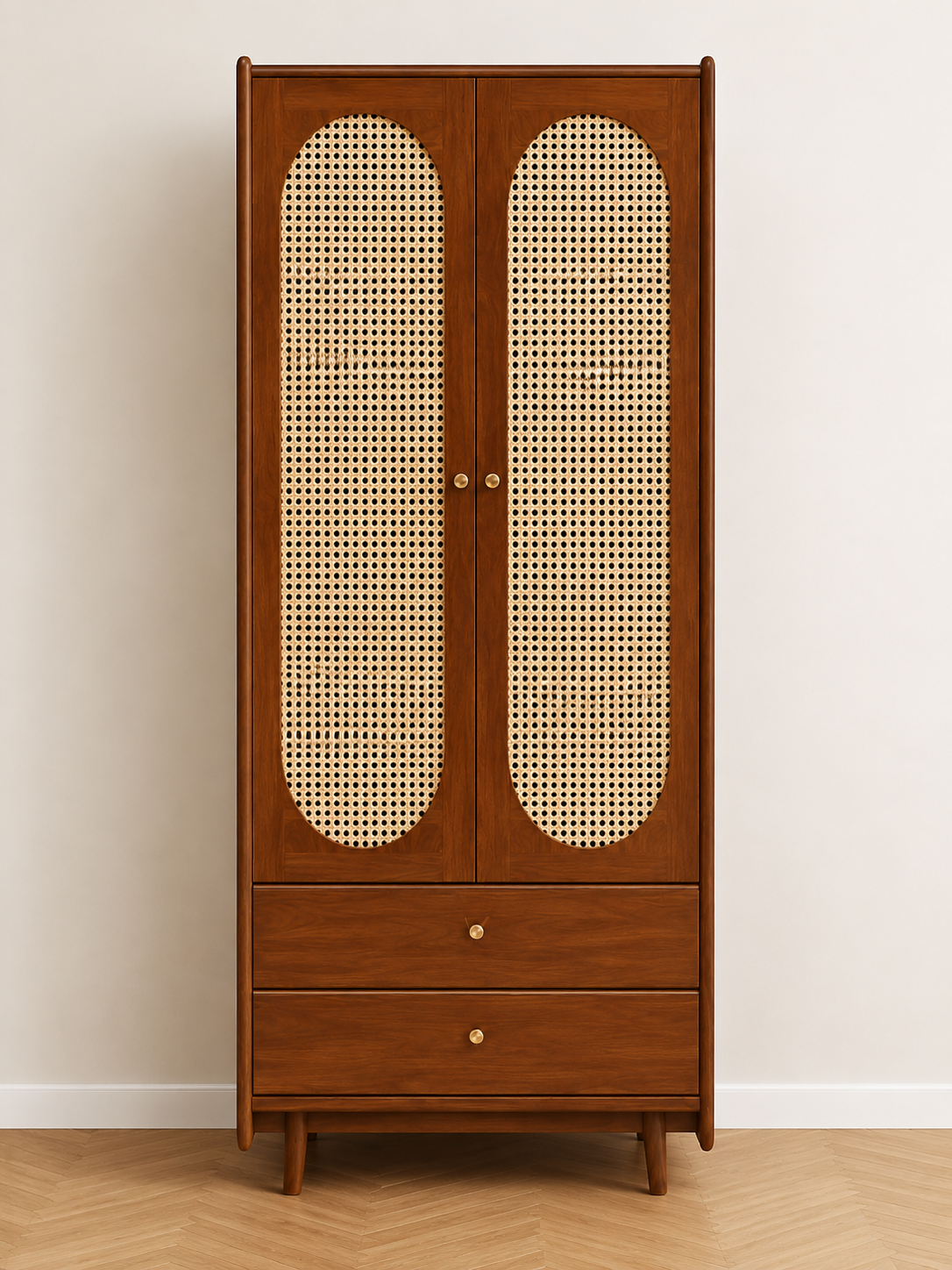 Solid Wood Cane Arch Wardrobe with Drawers