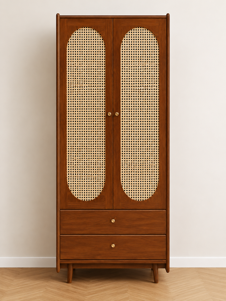 Solid Wood Cane Arch Wardrobe with Drawers