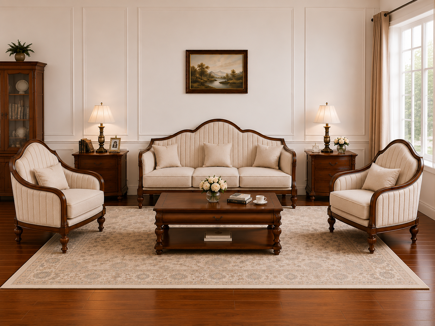 Classic Wooden Living Room Sofa Set (3+1+1)