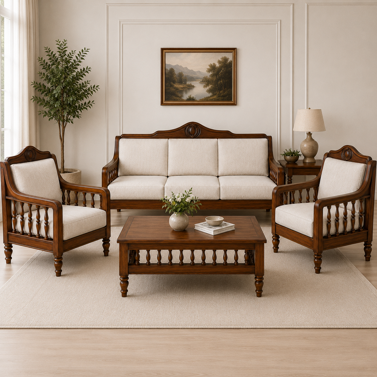 Classic Solid Wood Living Room Sofa Set (3+1+1)