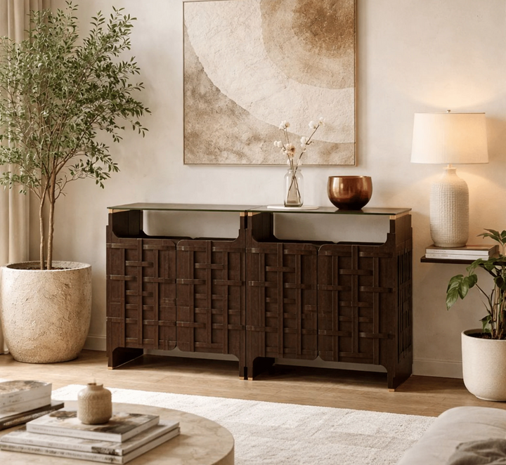 Wooden Glass-Top Console Table